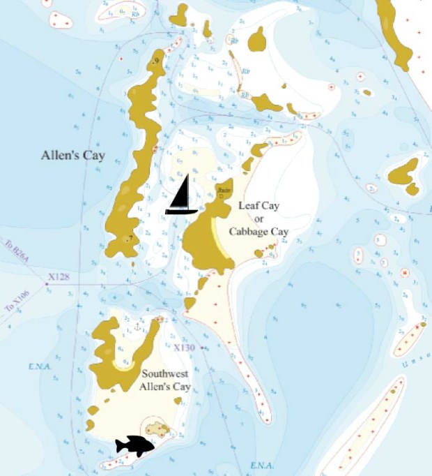 Map of Allen's Cay.  Sailboat=Anchorage Fish=Snorkeling Spot